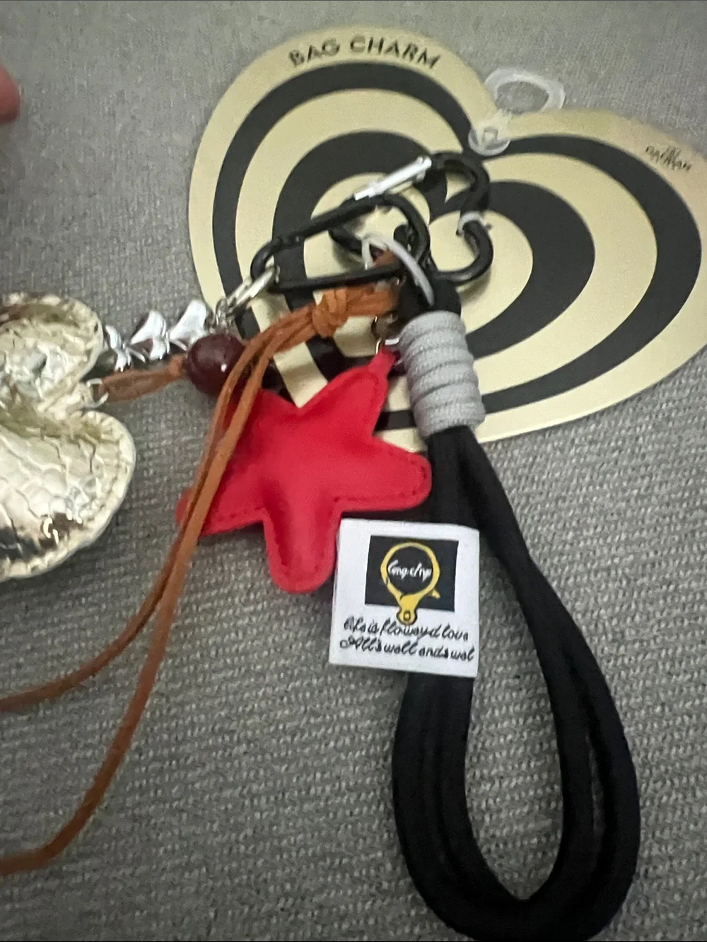 Bag Charm Keychain with Red Star & Metallic Heart
